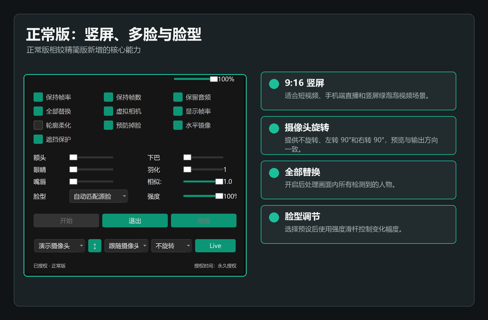 正常版竖屏、多脸和脸型功能